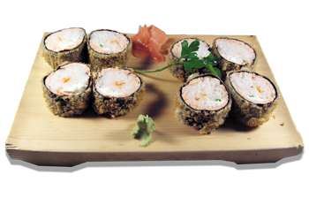 Nell’immagine Futomaki tempura: futomaki con salmone, tobiko e Philadelphia fritti secondo il tradizionale metodo della tempura e preparati per tutti i Clienti dei ristoranti Haiku di Bologna secondo la tradizionale ricetta giapponese: i futomaki tempura sono serviti su una tavoletta di legno, adornati con zenzero, pasta di rafano e una foglia di prezzemolo fresca