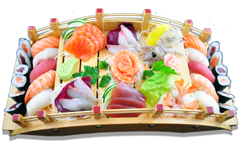 Nell’immagine Ponte di sushi e sashimi, con tonno, salmone, branzino gambero crudo e hosomaki preparato per tutti i Clienti dei ristoranti Haiku a Bologna, secondo la tradizionale ricetta giapponese: il ponte di sushi e sashimi viene guarnito con salsa wasabi, zenzero e foglioline di prezzemolo